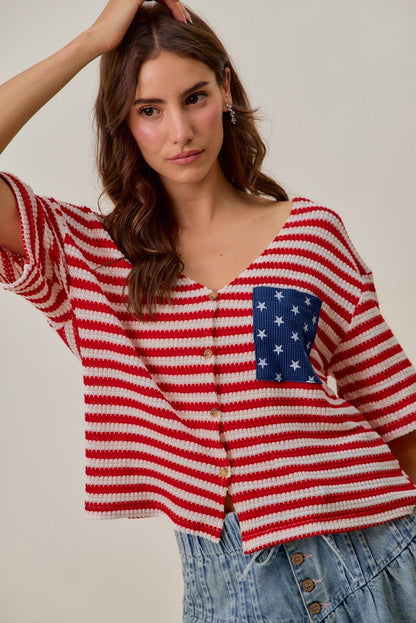 SO ME Stripe Waffle Knit Fourth Of July Cardigan Top - Bitsy Gypsy Boutique