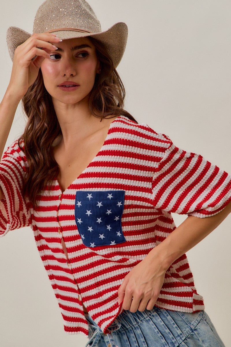 SO ME Stripe Waffle Knit Fourth Of July Cardigan Top - Bitsy Gypsy Boutique