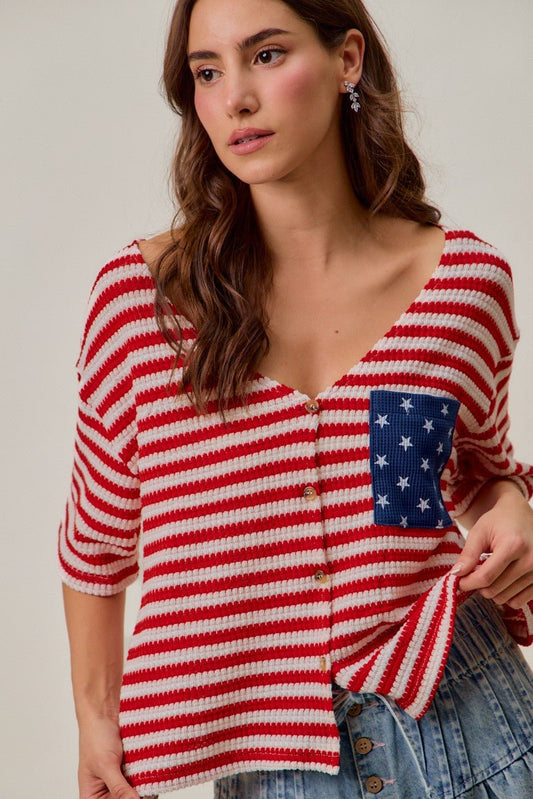 SO ME Stripe Waffle Knit Fourth Of July Cardigan Top - Bitsy Gypsy Boutique