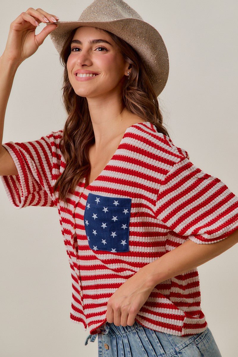 SO ME Stripe Waffle Knit Fourth Of July Cardigan Top - Bitsy Gypsy Boutique