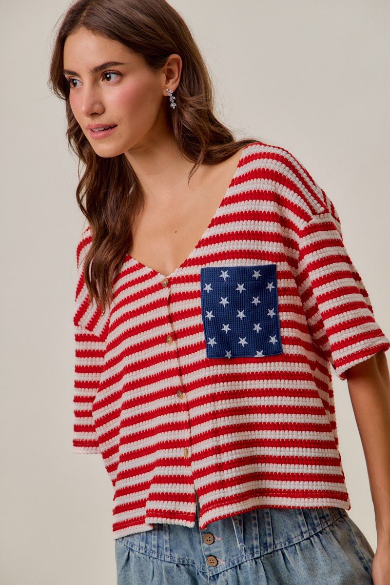 SO ME Stripe Waffle Knit Fourth Of July Cardigan Top - Bitsy Gypsy Boutique