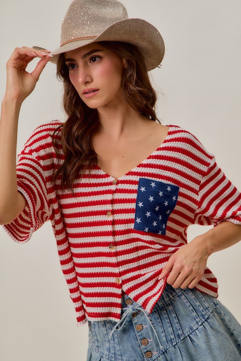 SO ME Stripe Waffle Knit Fourth Of July Cardigan Top - Bitsy Gypsy Boutique