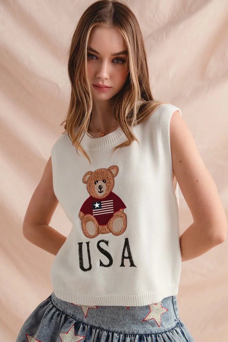 SO ME Teddy Bear Wearing An American Flag With Usa Embroidered Sweater Vest - Bitsy Gypsy Boutique