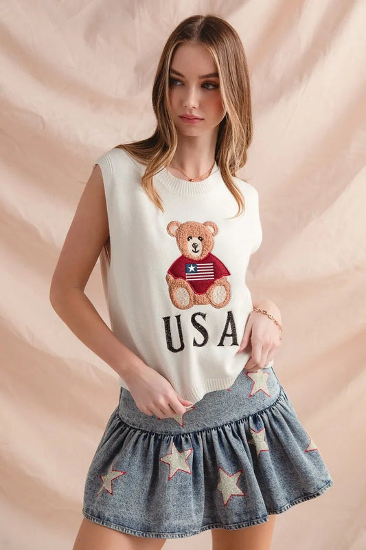 SO ME Teddy Bear Wearing An American Flag With Usa Embroidered Sweater Vest - Bitsy Gypsy Boutique