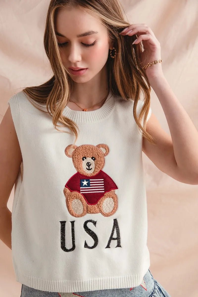 SO ME Teddy Bear Wearing An American Flag With Usa Embroidered Sweater Vest - Bitsy Gypsy Boutique