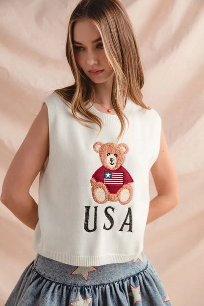 SO ME Teddy Bear Wearing An American Flag With Usa Embroidered Sweater Vest - Bitsy Gypsy Boutique