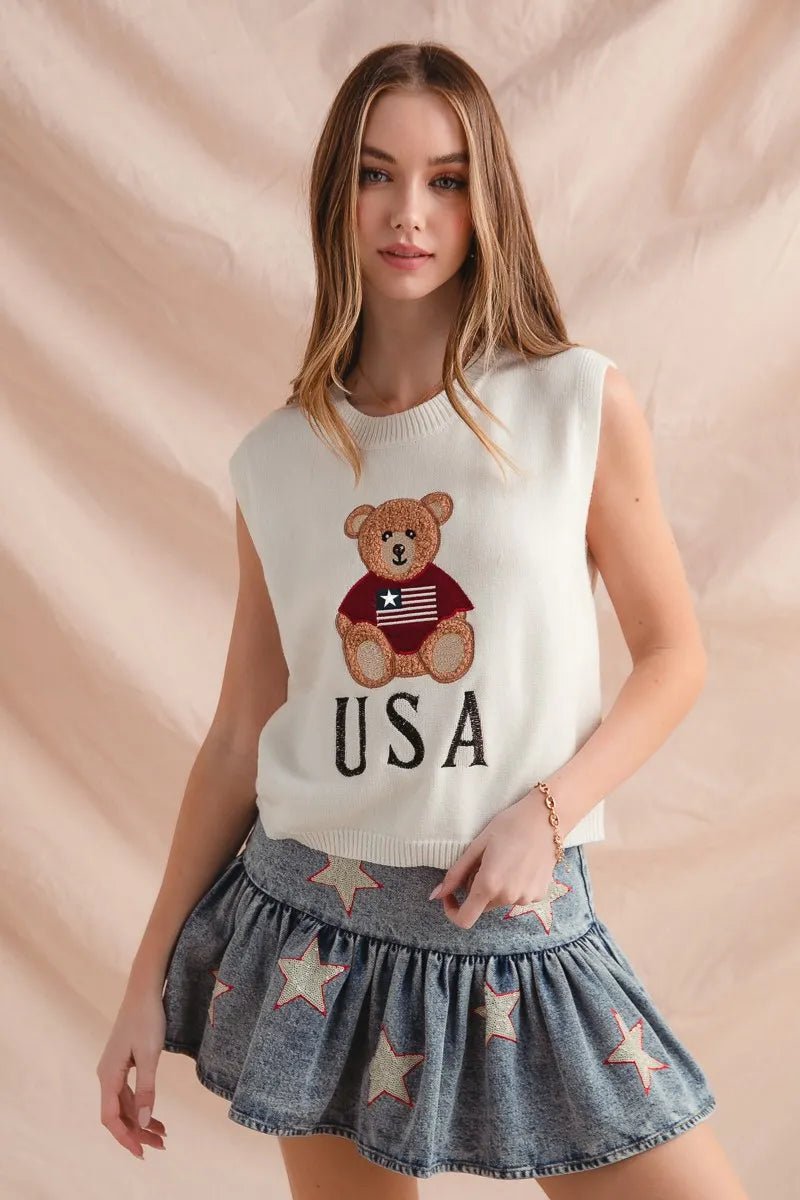 SO ME Teddy Bear Wearing An American Flag With Usa Embroidered Sweater Vest - Bitsy Gypsy Boutique