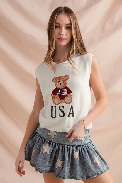 SO ME Teddy Bear Wearing An American Flag With Usa Embroidered Sweater Vest - Bitsy Gypsy Boutique