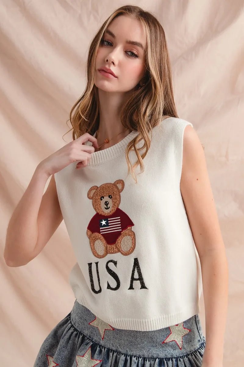 SO ME Teddy Bear Wearing An American Flag With Usa Embroidered Sweater Vest - Bitsy Gypsy Boutique