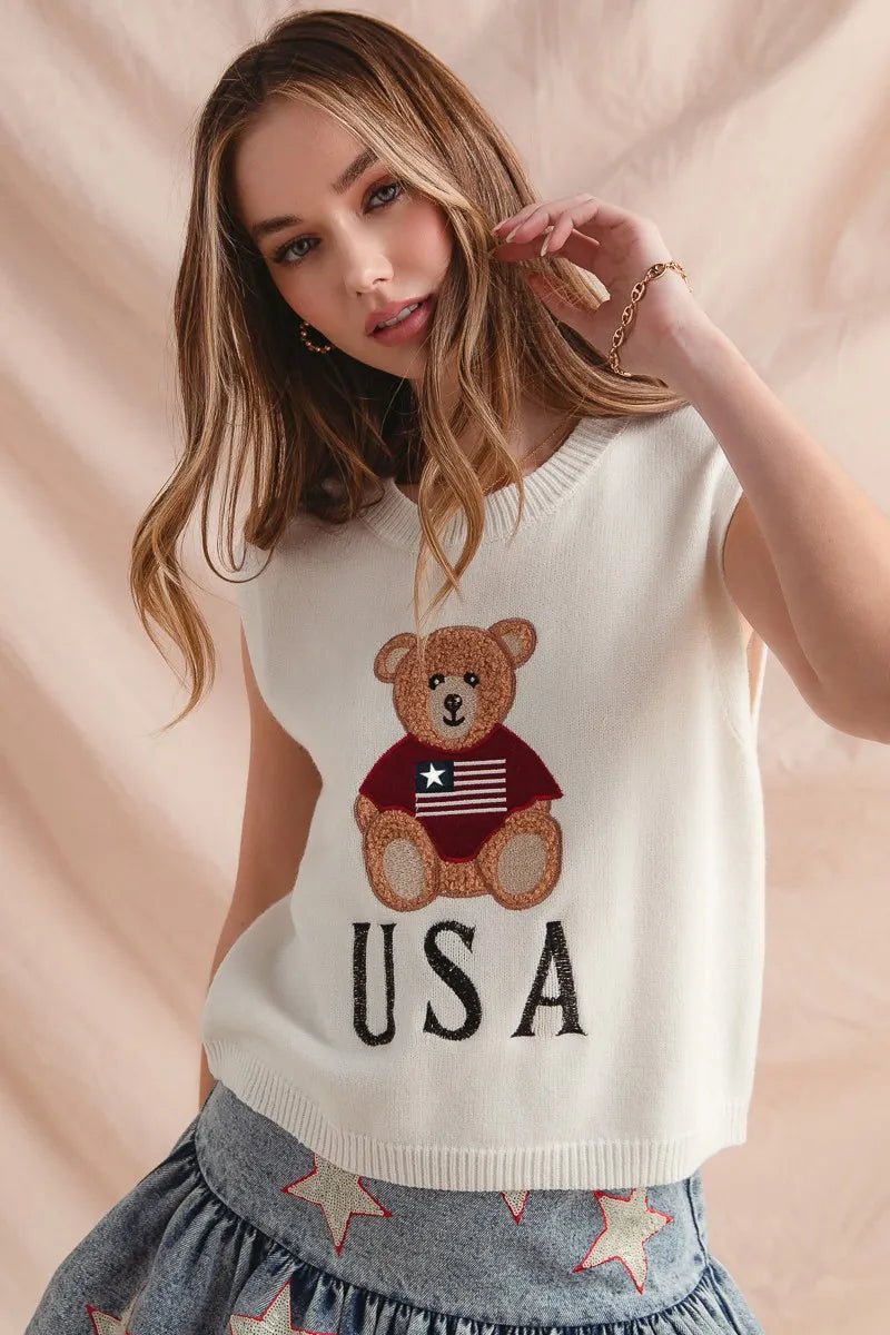 SO ME Teddy Bear Wearing An American Flag With Usa Embroidered Sweater Vest - Bitsy Gypsy Boutique