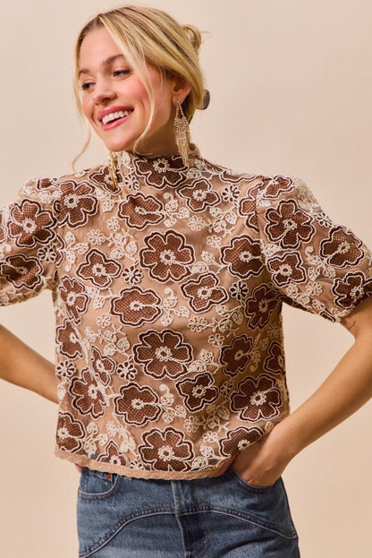 SO ME Texture Floral Mesh Top With Back Button Closure - Bitsy Gypsy Boutique