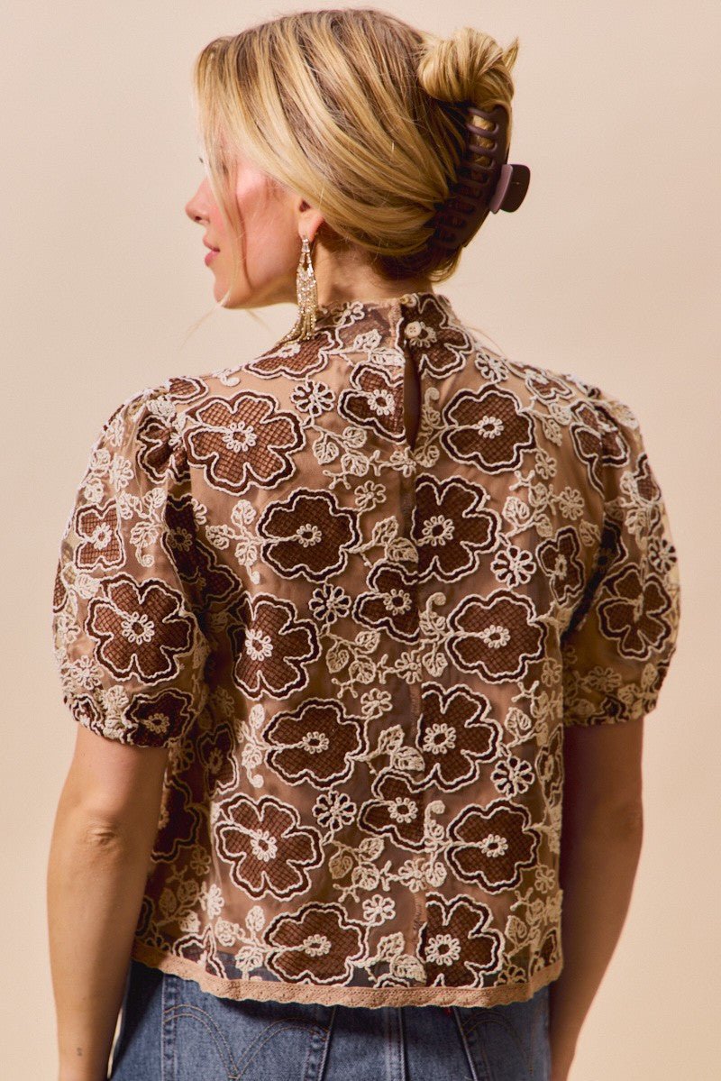 SO ME Texture Floral Mesh Top With Back Button Closure - Bitsy Gypsy Boutique