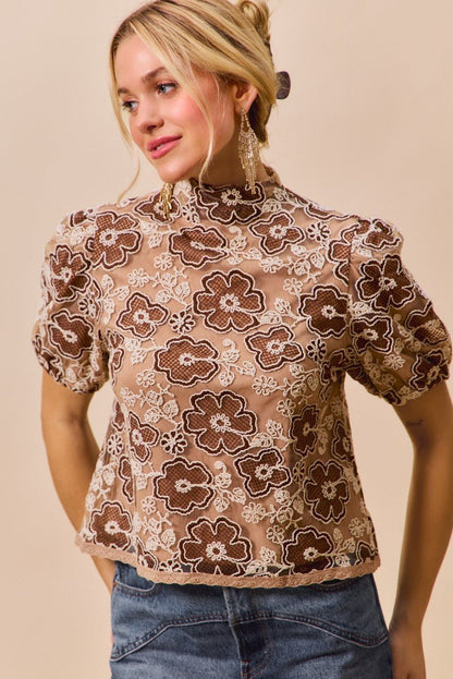 SO ME Texture Floral Mesh Top With Back Button Closure - Bitsy Gypsy Boutique
