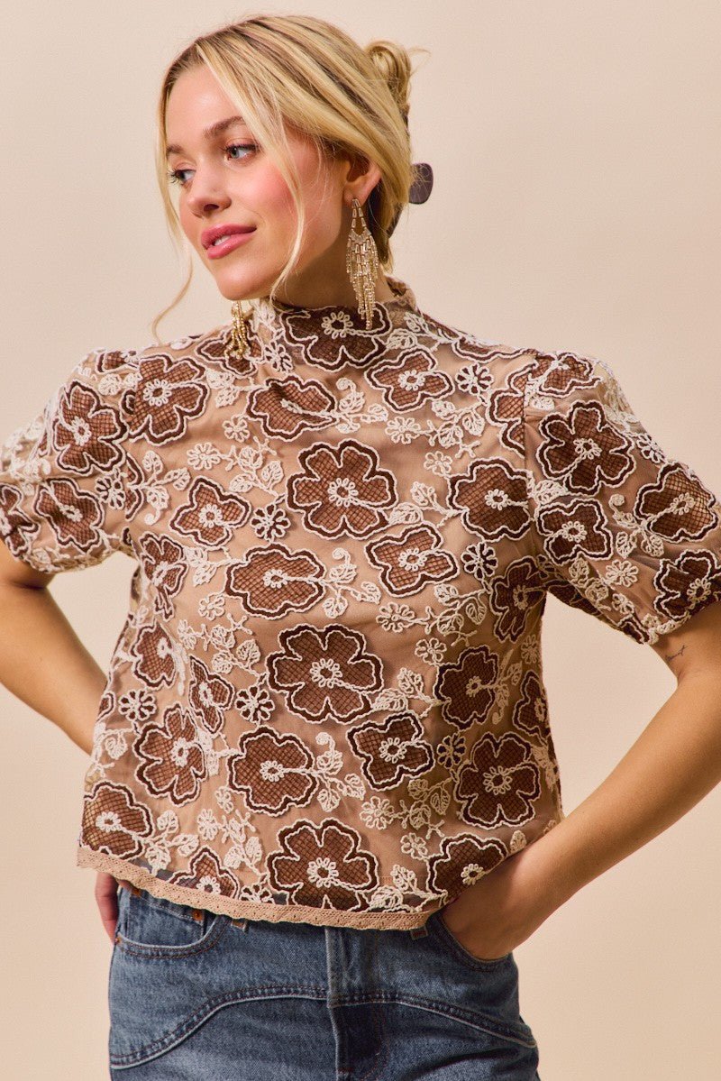 SO ME Texture Floral Mesh Top With Back Button Closure - Bitsy Gypsy Boutique