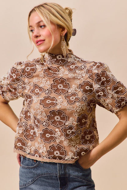 SO ME Texture Floral Mesh Top With Back Button Closure - Bitsy Gypsy Boutique