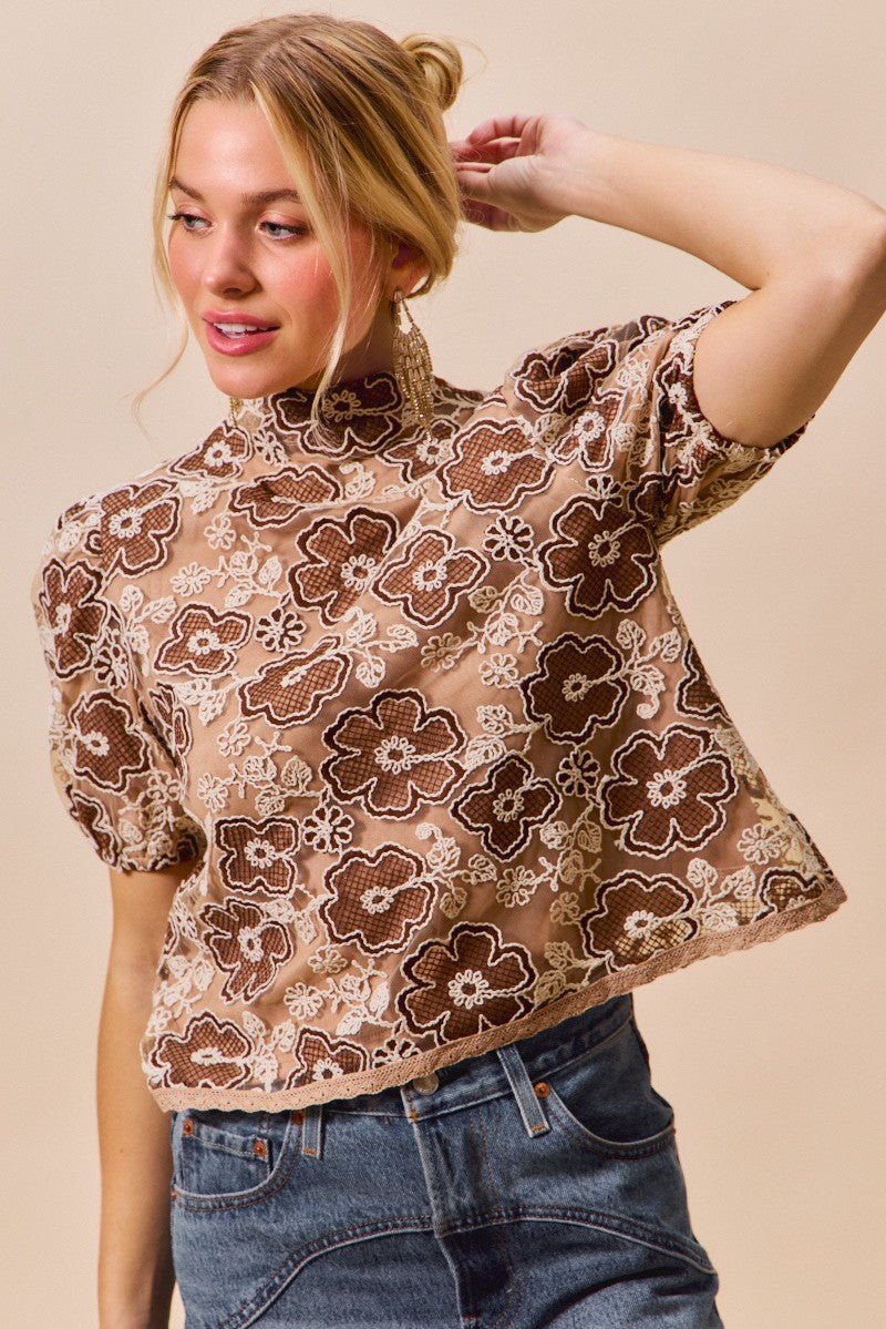 SO ME Texture Floral Mesh Top With Back Button Closure - Bitsy Gypsy Boutique