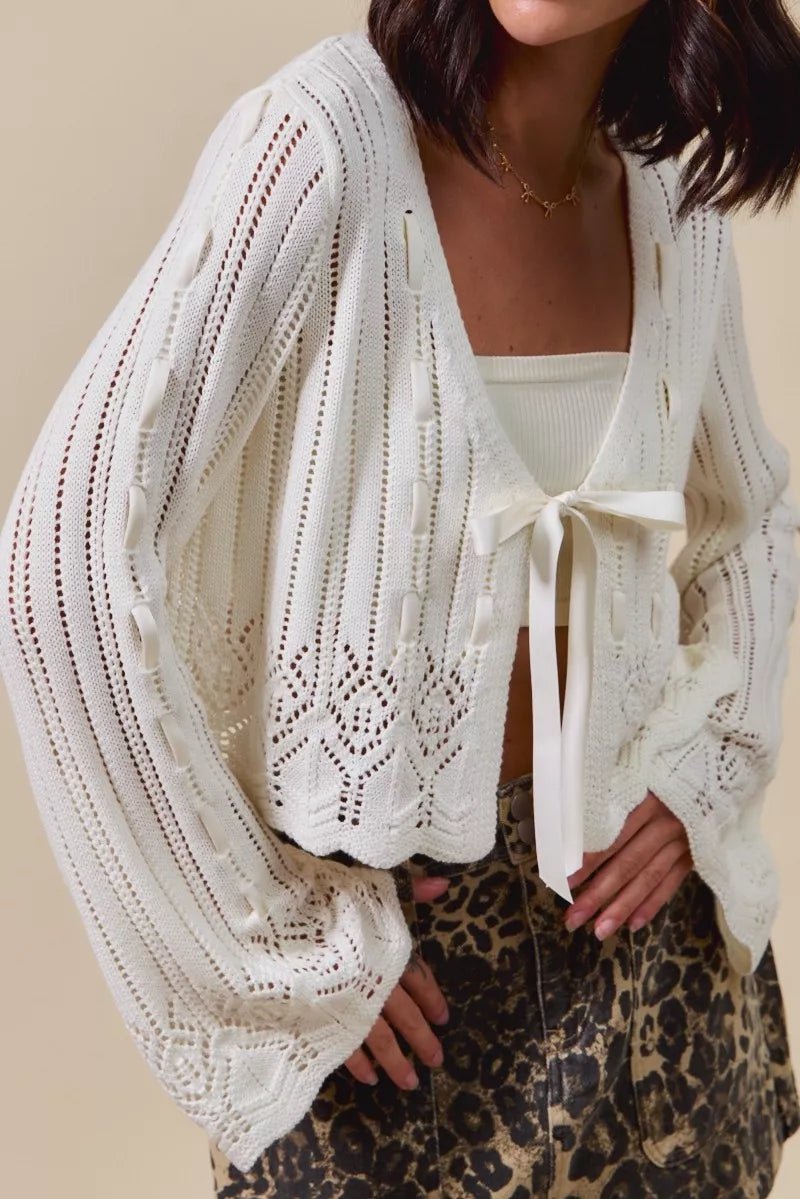 SO ME Textured Sweater Open Front Ribbon Tie Cardigan - Bitsy Gypsy Boutique