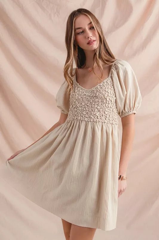 SO ME Textured Woven Daily Dress with Puff Sleeves - Bitsy Gypsy Boutique