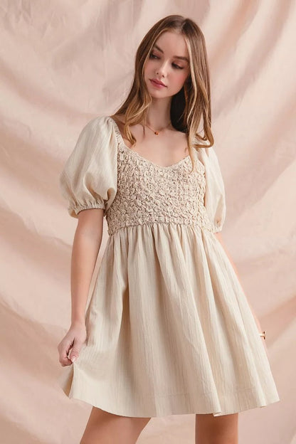 SO ME Textured Woven Daily Dress with Puff Sleeves - Bitsy Gypsy Boutique