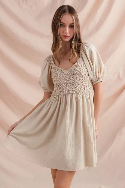 SO ME Textured Woven Daily Dress with Puff Sleeves - Bitsy Gypsy Boutique