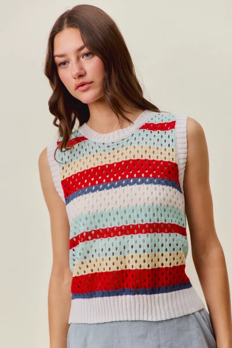 SO ME Tie Back Multi Stripe Sweater Knit Tank Top - Bitsy Gypsy Boutique