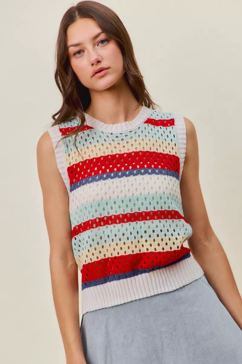 SO ME Tie Back Multi Stripe Sweater Knit Tank Top - Bitsy Gypsy Boutique