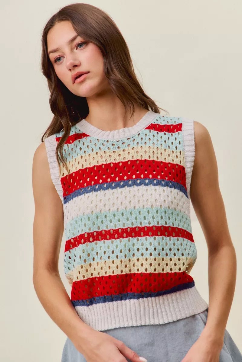 SO ME Tie Back Multi Stripe Sweater Knit Tank Top - Bitsy Gypsy Boutique