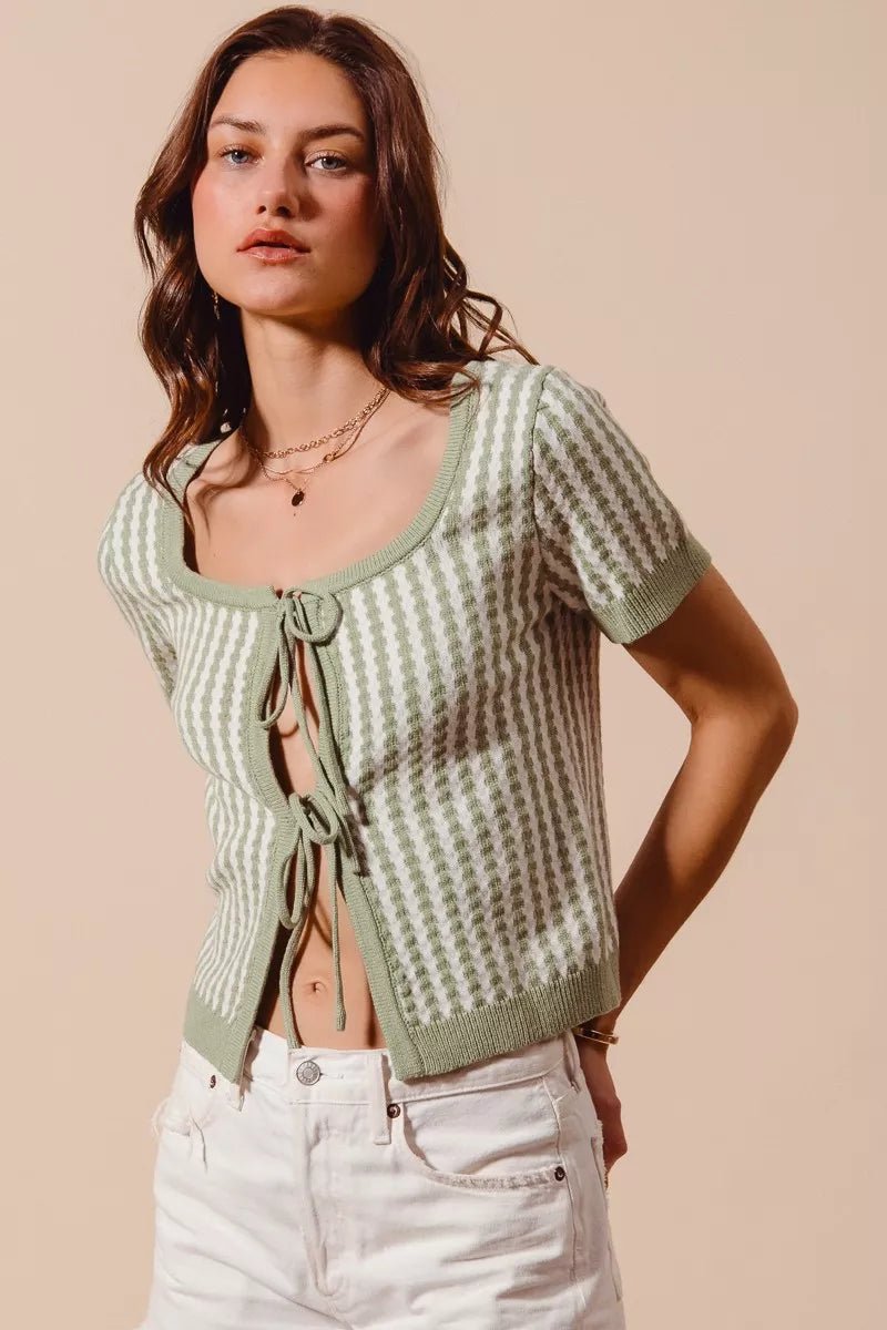 SO ME Tie Front Textured Vertical Stripe Knit Cardigan - Bitsy Gypsy Boutique