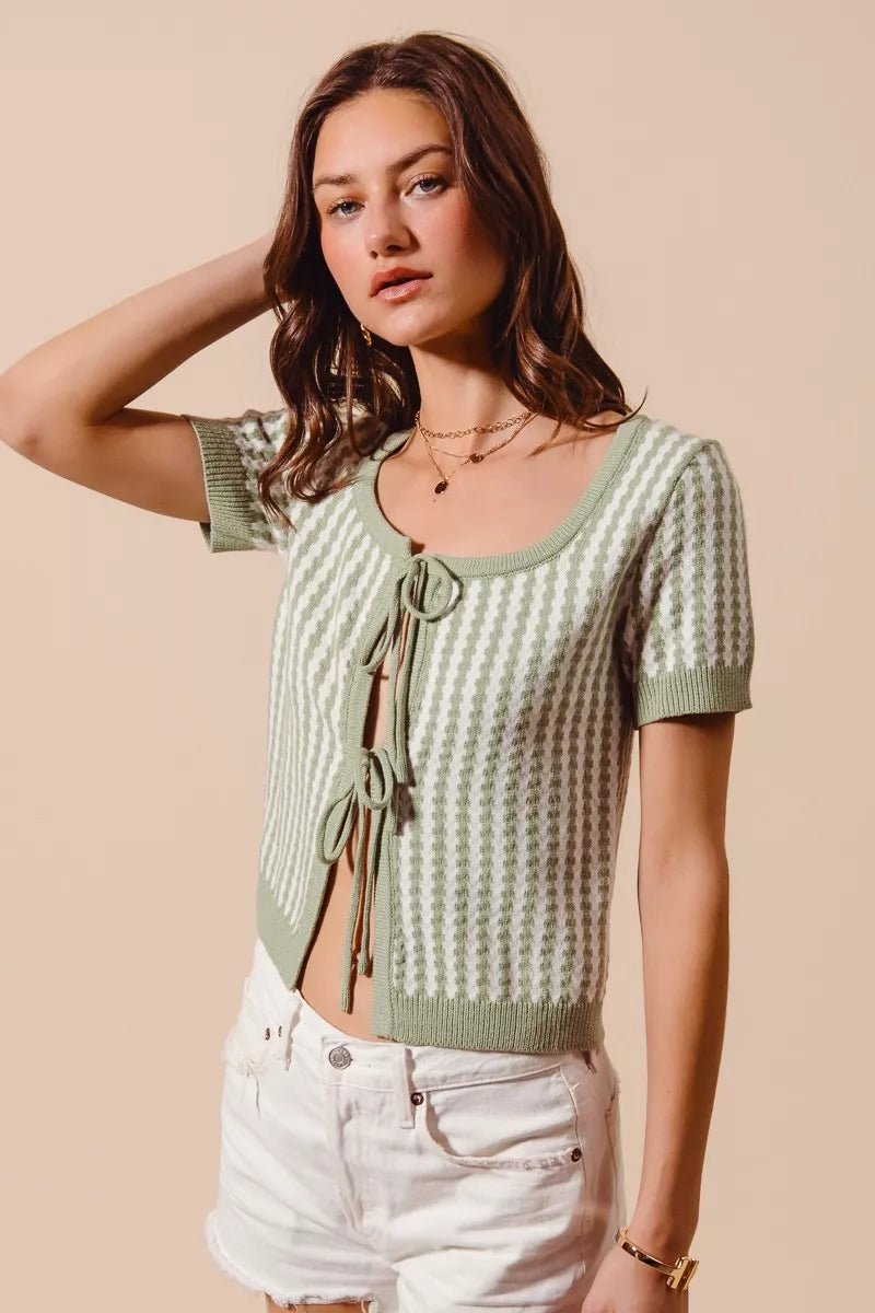 SO ME Tie Front Textured Vertical Stripe Knit Cardigan - Bitsy Gypsy Boutique
