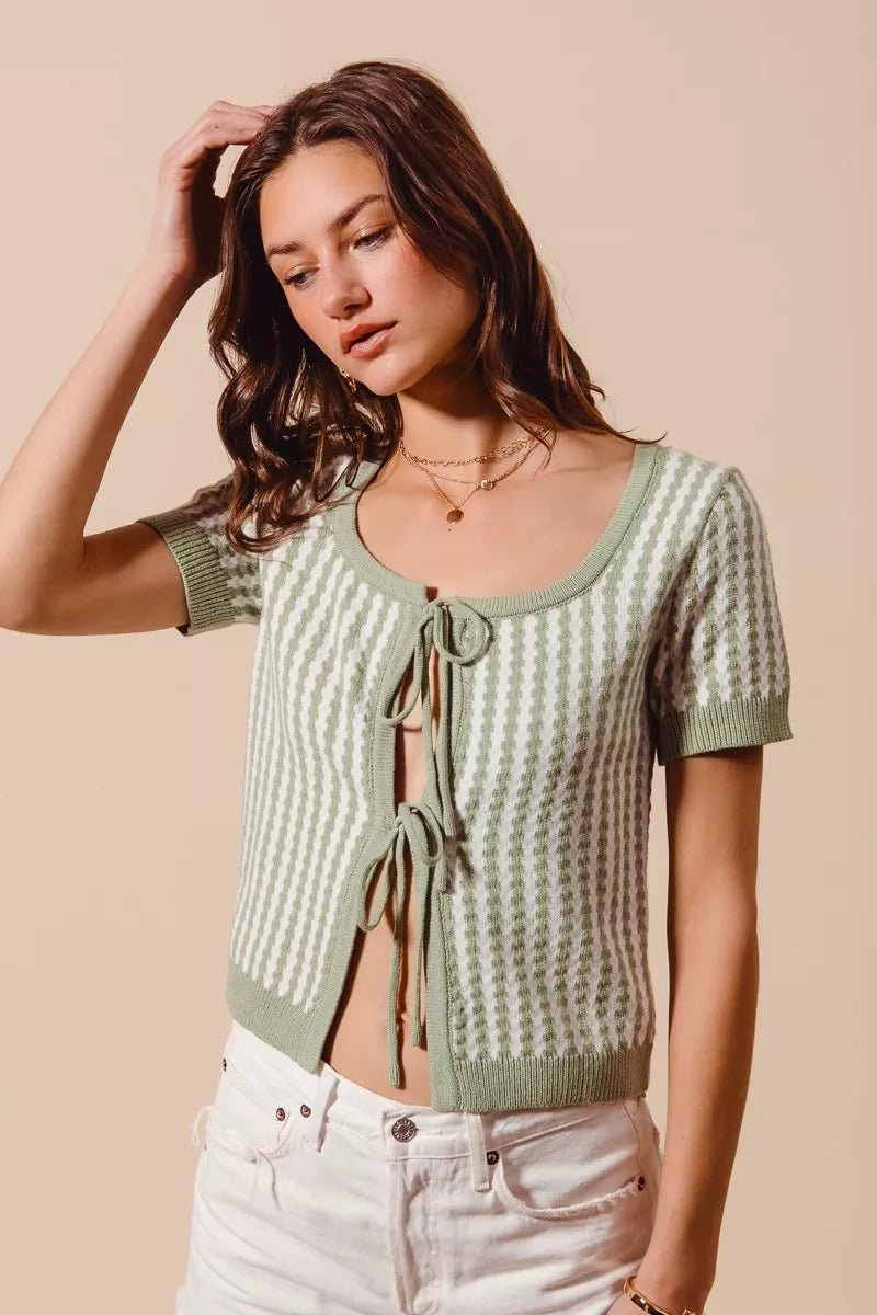 SO ME Tie Front Textured Vertical Stripe Knit Cardigan - Bitsy Gypsy Boutique