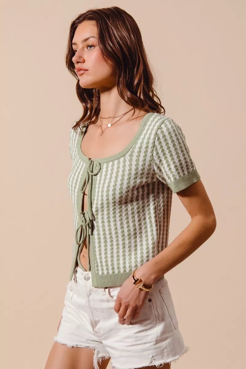 SO ME Tie Front Textured Vertical Stripe Knit Cardigan - Bitsy Gypsy Boutique
