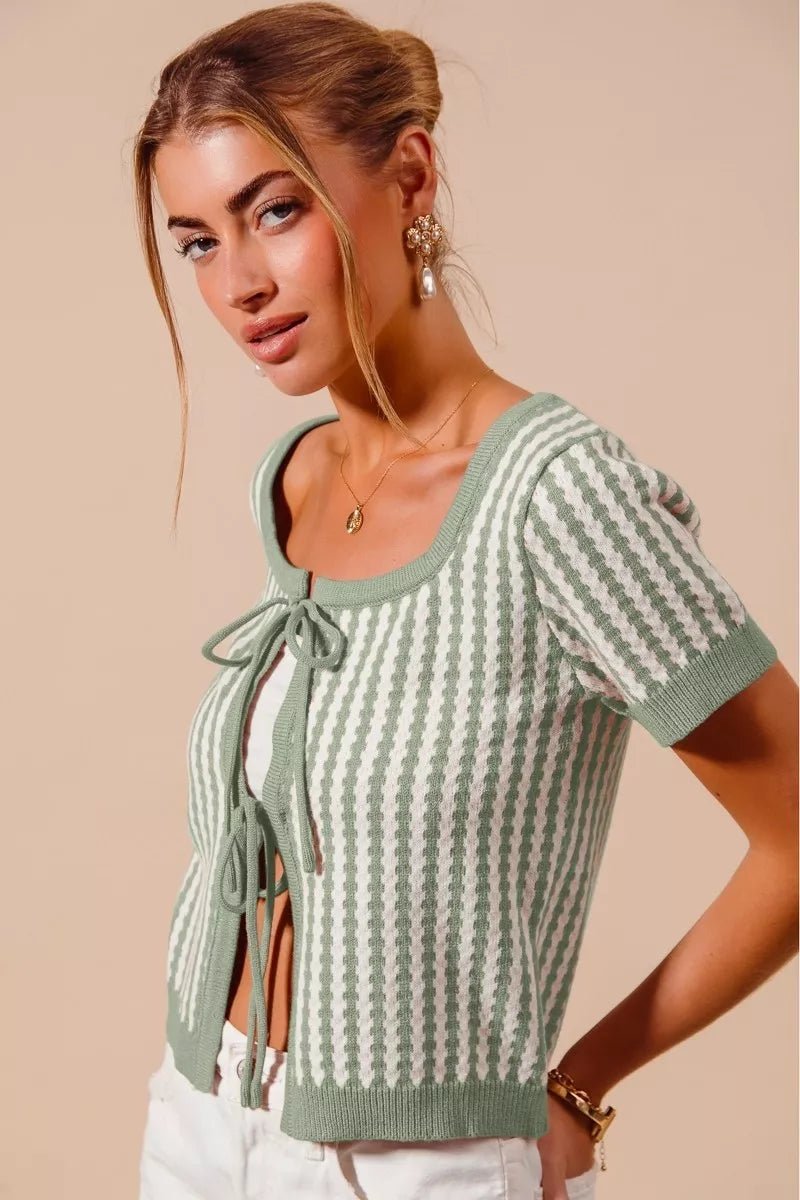 SO ME Tie Front Textured Vertical Stripe Knit Cardigan - Bitsy Gypsy Boutique