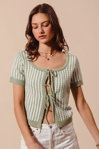 SO ME Tie Front Textured Vertical Stripe Knit Cardigan - Bitsy Gypsy Boutique