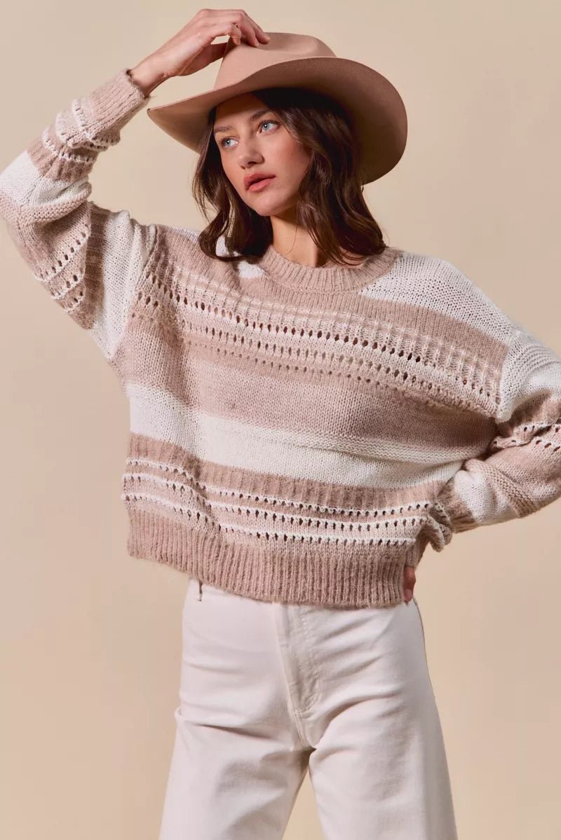 SO ME Variegated Stripe Textured Loose Fit Sweater - Bitsy Gypsy Boutique