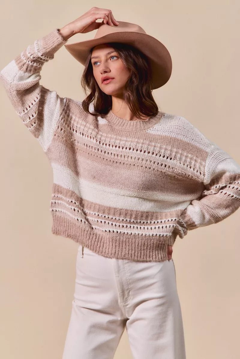 SO ME Variegated Stripe Textured Loose Fit Sweater - Bitsy Gypsy Boutique