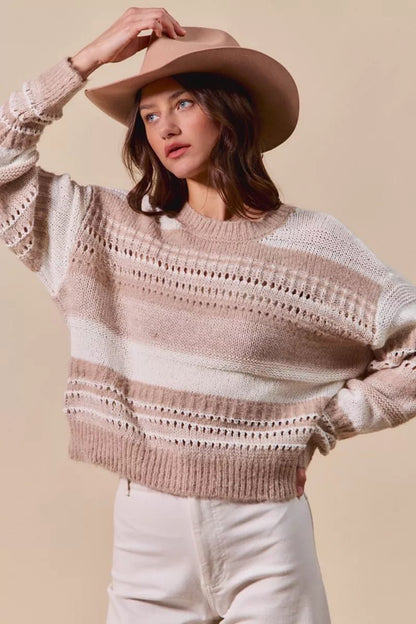 SO ME Variegated Stripe Textured Loose Fit Sweater - Bitsy Gypsy Boutique