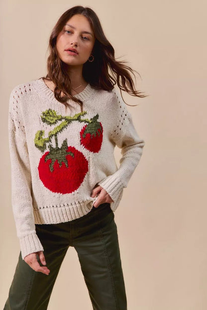 SO ME Vegetable Round Neck Long Sleeve Sweater - Bitsy Gypsy Boutique