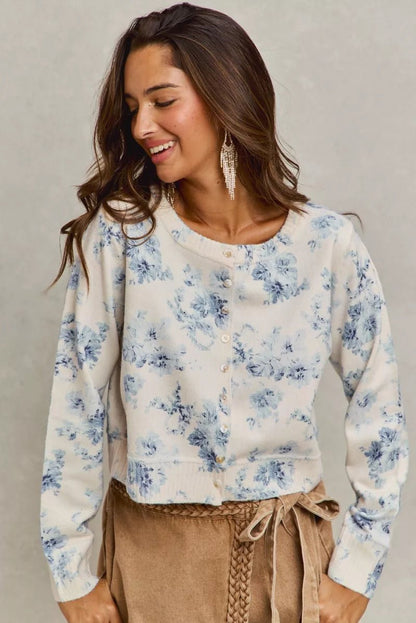 SO ME Vintage Floral Print Button Down Sweater Cardigan - Bitsy Gypsy Boutique
