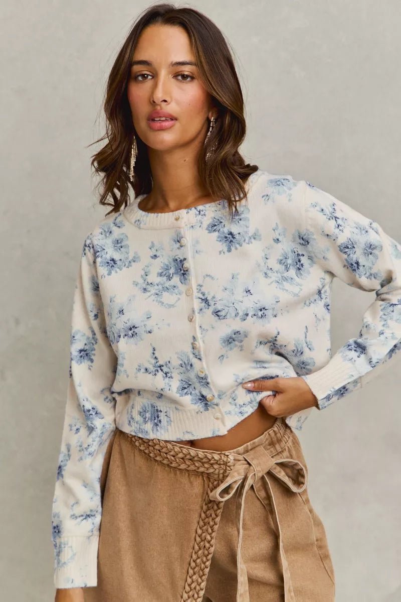 SO ME Vintage Floral Print Button Down Sweater Cardigan - Bitsy Gypsy Boutique