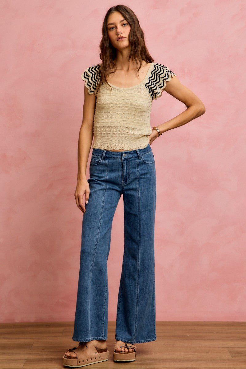 SO ME Wavy Textured Knit Top With Fluttered Sleeves - Bitsy Gypsy Boutique