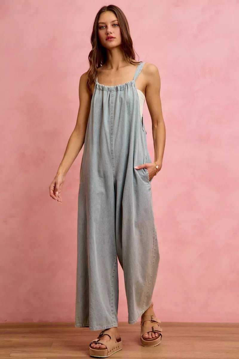 SO ME Wide Leg Lightweight Denim Overalls - Bitsy Gypsy Boutique