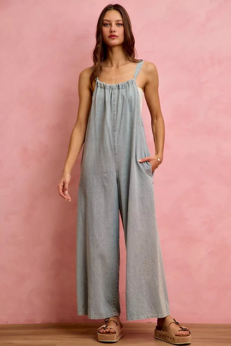 SO ME Wide Leg Lightweight Denim Overalls - Bitsy Gypsy Boutique