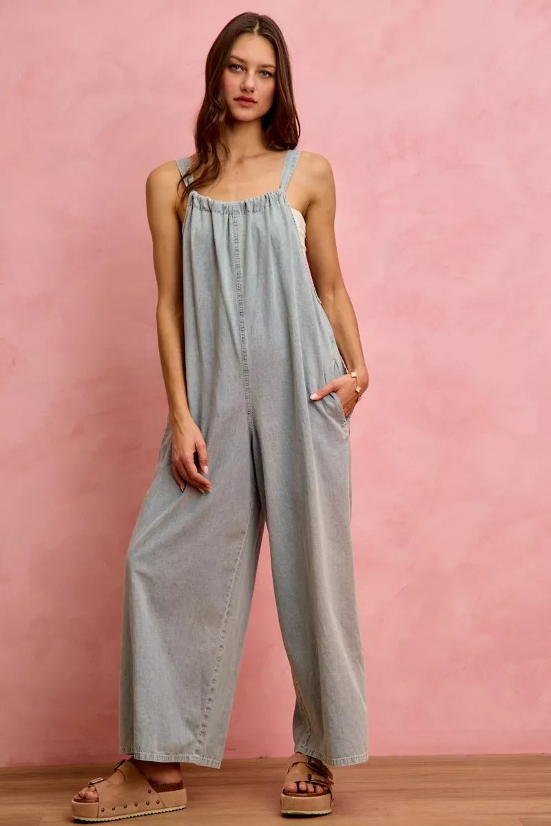 SO ME Wide Leg Lightweight Denim Overalls - Bitsy Gypsy Boutique