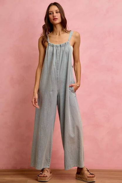 SO ME Wide Leg Lightweight Denim Overalls - Bitsy Gypsy Boutique