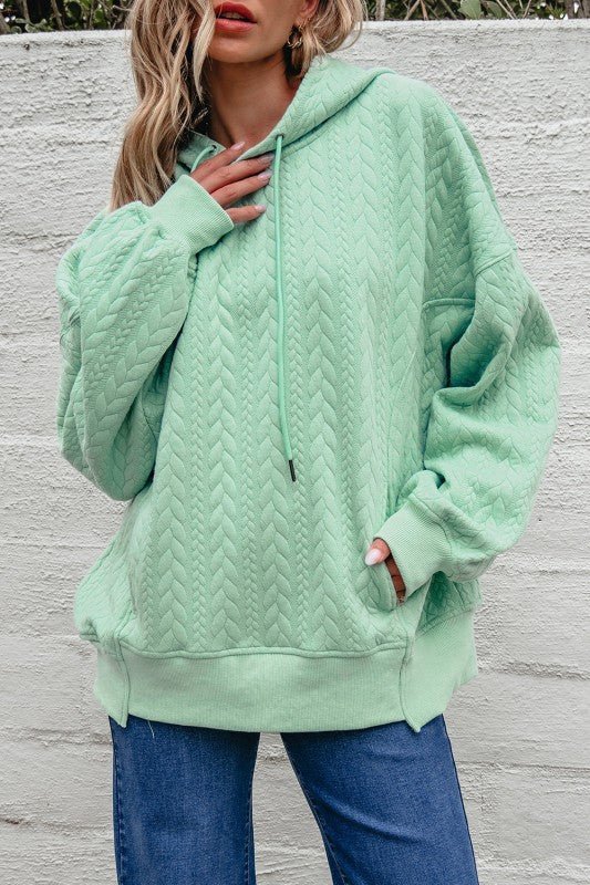 Solid Cable Textured Long Sleeve Baggy Hoodie - Bitsy Gypsy Boutique
