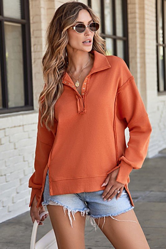 Solid Collared Drop Shoulder Side Slit Sweatshirt - Bitsy Gypsy Boutique