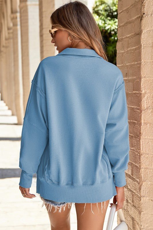 Solid Collared Drop Shoulder Side Slit Sweatshirt - Bitsy Gypsy Boutique