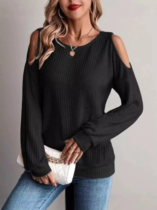 Solid Color Cold Shoulder Waffle Knit Long Sleeve Top - Bitsy Gypsy Boutique