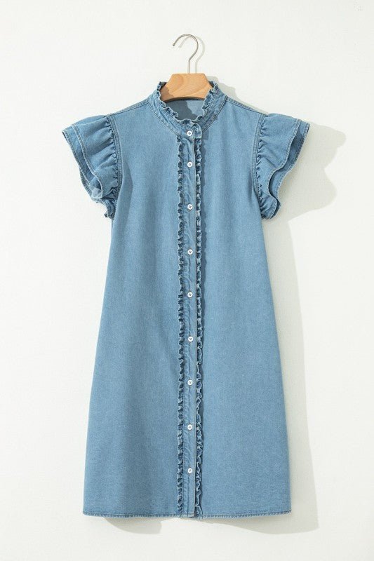 Solid Denim Ruffle Sleeve Buttoned Mini Dress - Bitsy Gypsy Boutique