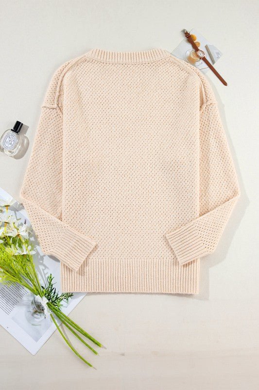Solid Eyelet V - Neck Drop Shoulder Sweater - Bitsy Gypsy Boutique